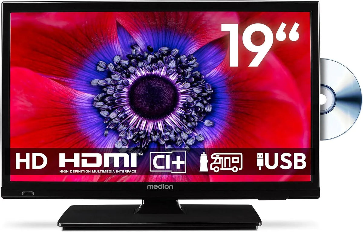 19 Pouces HD 819001 MEDION TV, largeur 47 cm, Television avec Lecteur intégré, Camping-Car, Jardin, HDMI, MD, Adaptateur Voiture 12V, Camion