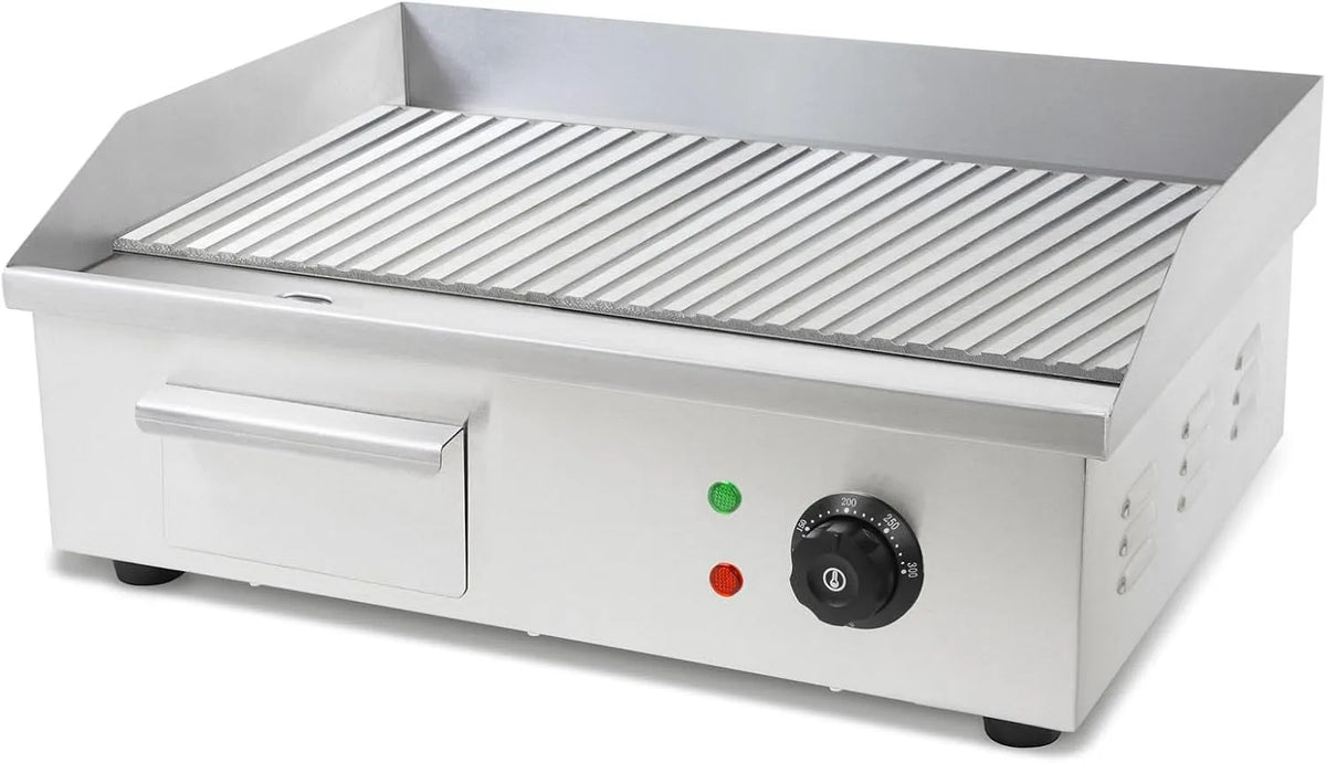 Gril, VERTES Plancha Professionnelle 3000W en Acier Inox, Surface de Rainurée 55x35cm, Température 50-300°C, Thermostat, Bac de Récupération