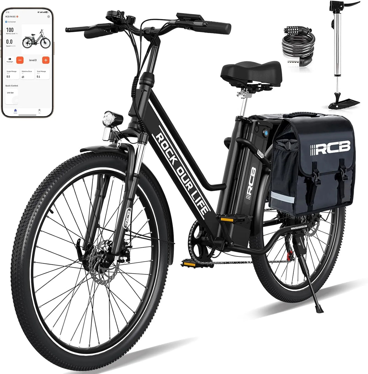 Vélo électrique RCB 26 ', E Bike de Montagne avec Sacoche Étanche pour Vélo, Moteur 250W, 7 niveaux de vitesse, 7 niveaux de vitesse