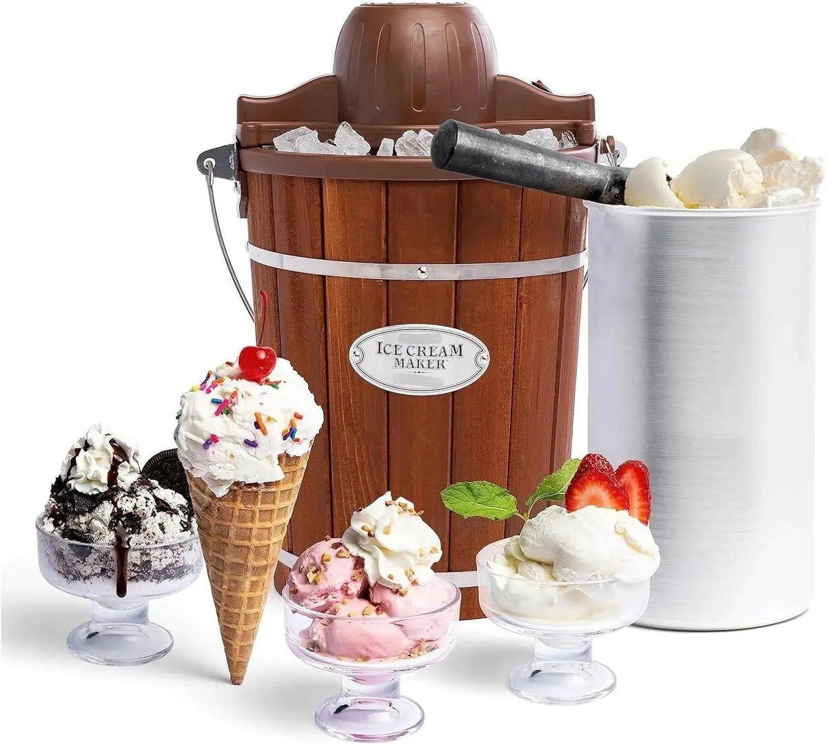 Machine à glace, électrique de 6 litres avec design en bois vintage, machine à dessert glacée automatique pour un usage domestique