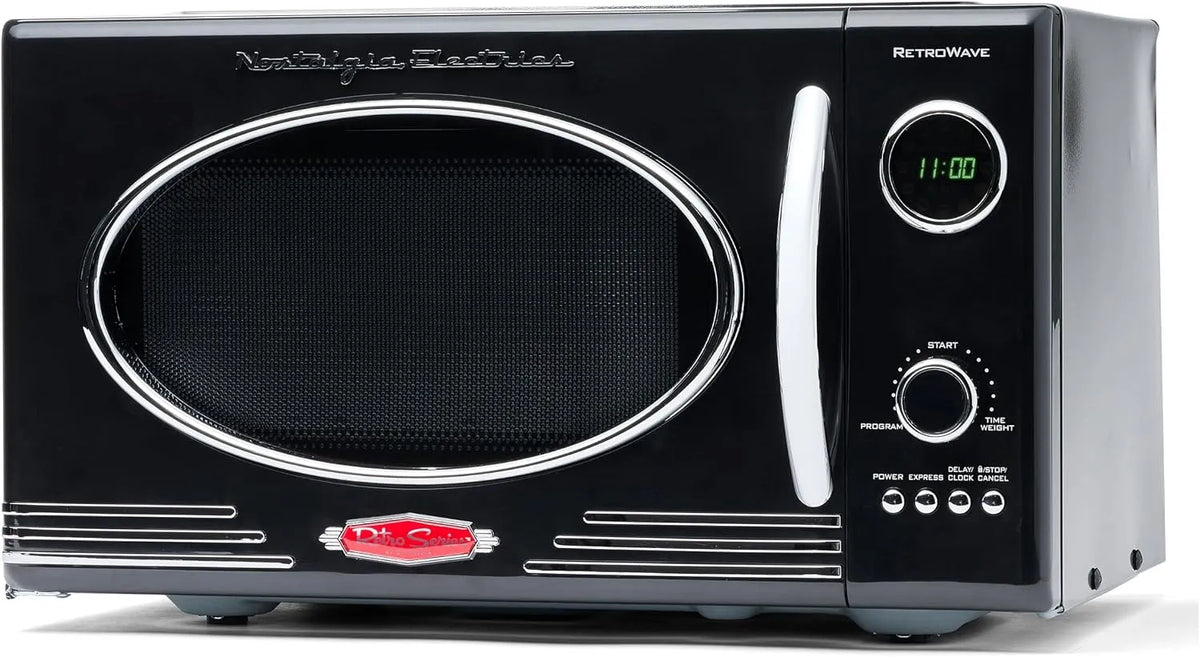Four à micro-ondes Nostalgia, 12 réglages de cuisson préprogrammés, Grande puissance 800 Watts, capacité 25 litres, Retro sur Comptoir, finition noire