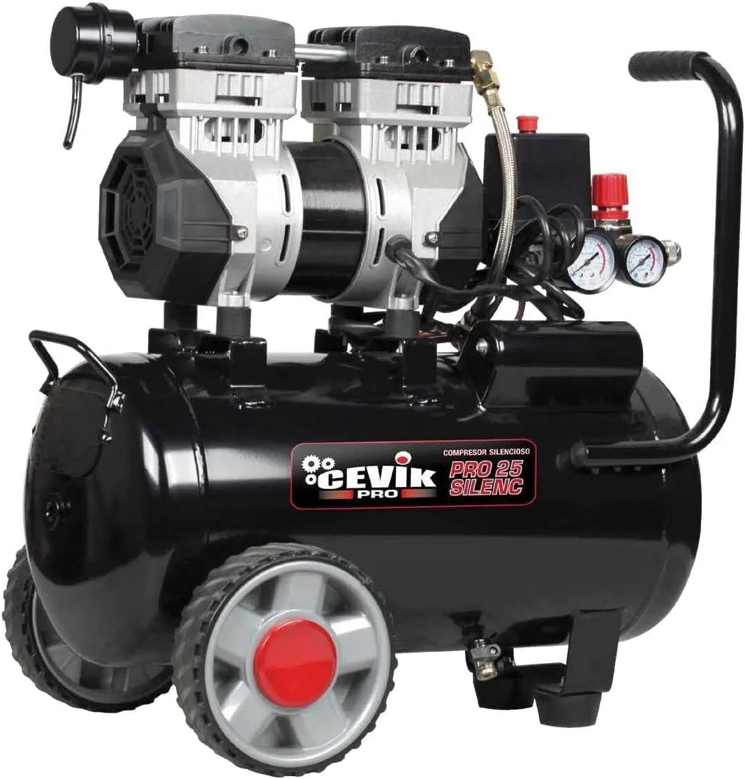Compresseur CA-PRO25SILENC 1.5HP CEVIK PRO, Max 8 Bar, 59 dB, 150 l/min, capacité 25L, d'Air Silencieux, Sans Huile, Compact Portable