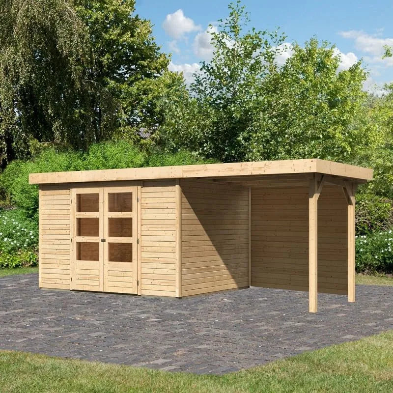 Abri de jardin, Bois Massif 7,43m² Askola 5, Terrasse Couverte 240cm & Paroi Arrière, Toiture Feutre Bitumé, Double Porte Vitrée & Fenêtres Plexi