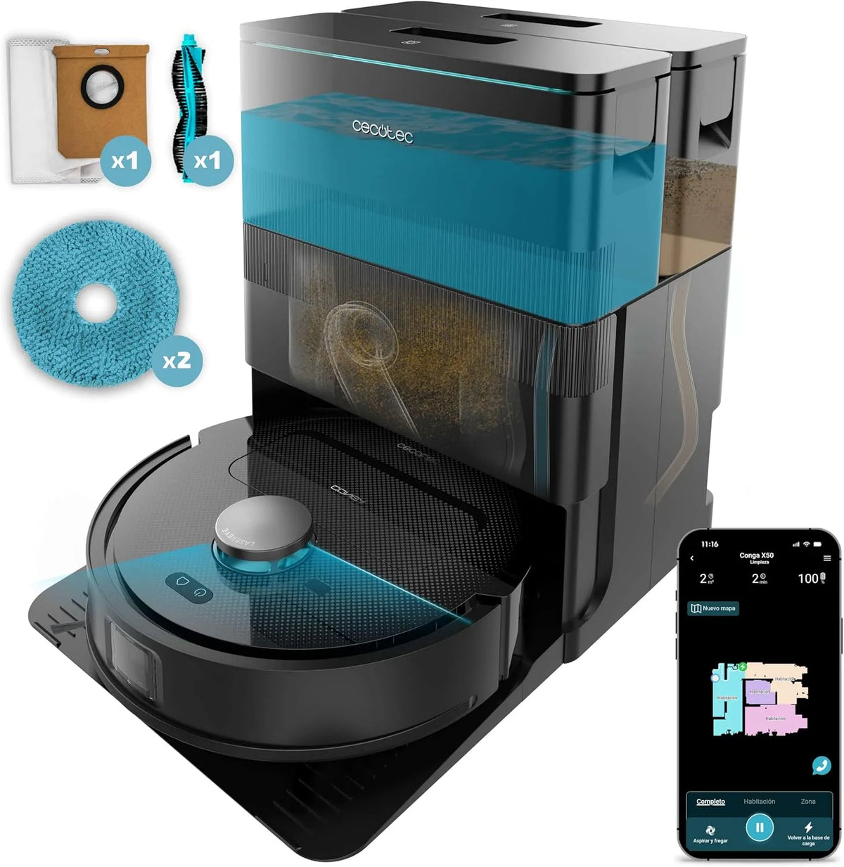 Cecotec aspirateur X50, Robot et Laveur de Sols avec Base Autovidage Conga. Moteur de 15000Pa, Base 4 en 1, Technologie Laser, Mopas Rotatives
