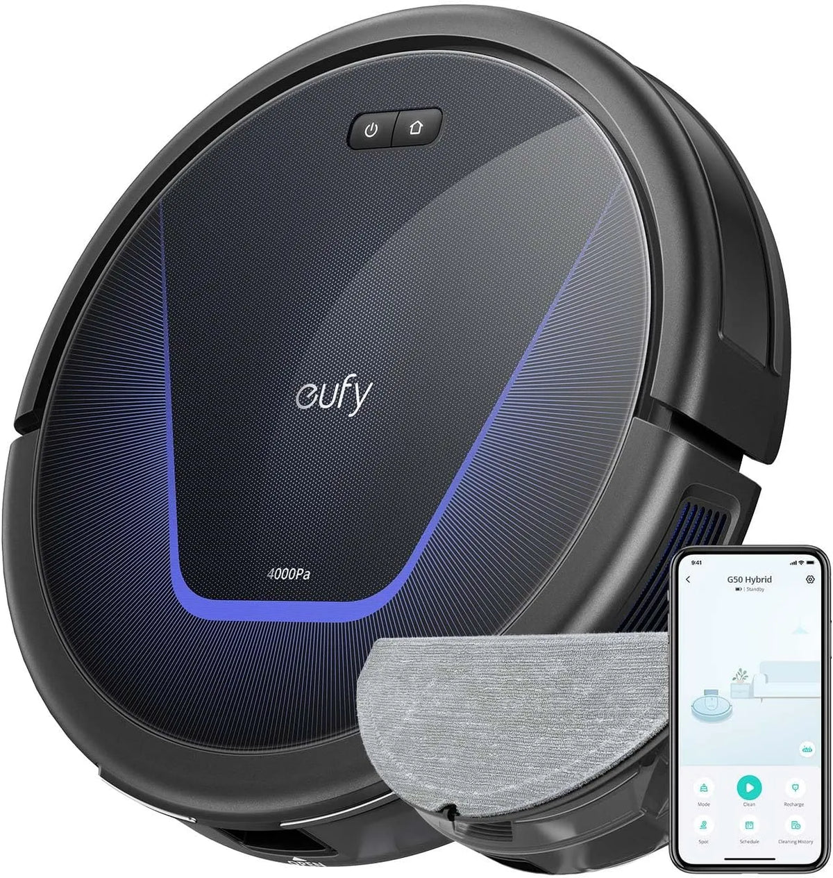 Aspirateur robot G50 eufy Hybrid, Aspiration 4 000 Pa, Pro-Detangle Comb, Dynamic Navigation, Roller Brush, pour Poils d'animaux, sols durs, Tapis