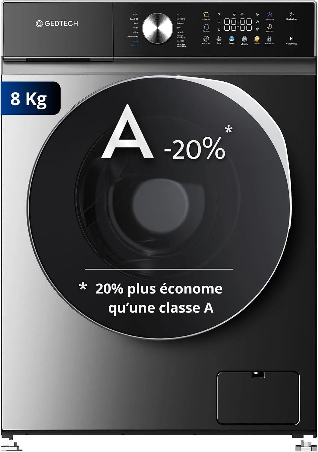Lave-linge GLLPS81400DG GEDTECH, poids 8 Kg, 16 programmes, 1400 tr, frontal, mn, Eco, Intensif, Rapide