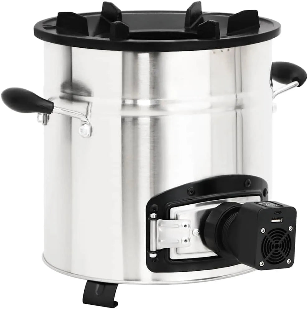 VidaXL poêle à bois, chauffage de patio, avec ventilateur USB finition argentéeé 35,5x26x28 cm Inox, gril à charbon, poêle de camping, cheminé