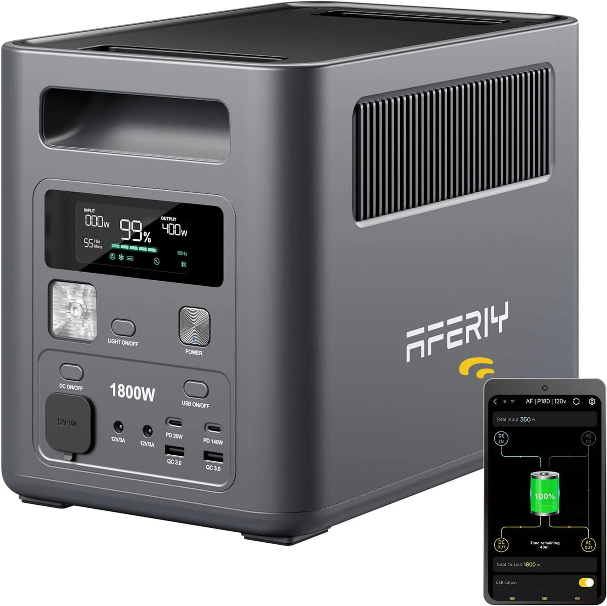 Générateur électrique P180 LiFePO4 AFERIY, 1024Wh & 1800W, puissance 3600W Pic, Recharge Rapide 0-90% en 60 Min, Électrique Portable, BMS, Maison