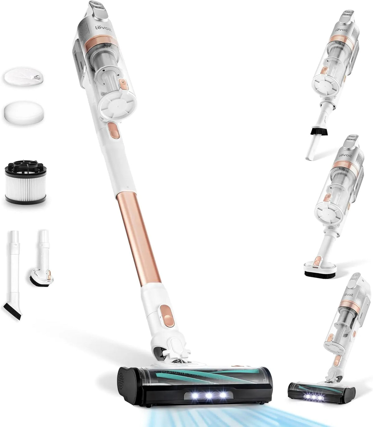 Aspirateur balai LEVOIT, sans Fil 4 en 1 Léger Anti-Enchevêtrement, 3 Modes, Autonomie 12 à 50 Minutes, Filtration en 5 Étapes, avec 3 Brosses, Sols
