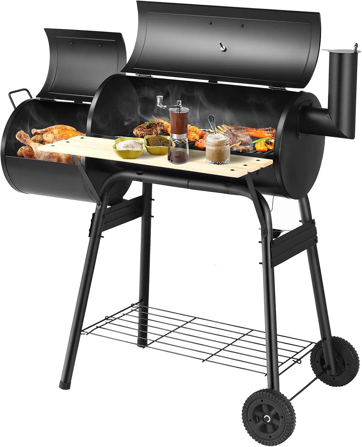 Costway barbecue, avec Caisse de Feu Latérale Table Latérale Étagère Poignées en Bois et 2 Roues pour Camping Pique-Nique