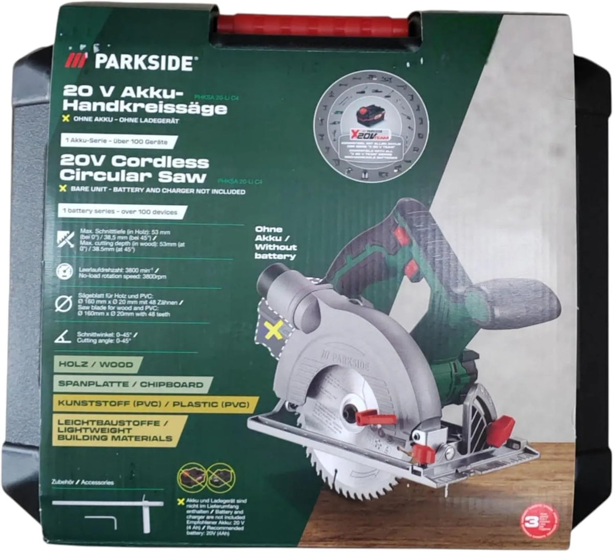 Parkside PHKSA 20, Li B3 Scie circulaire sans fil 20 V sans batterie ni chargeur