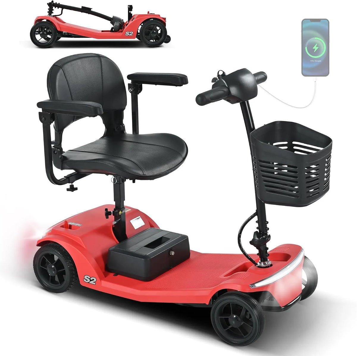 Four électrique, Batterie 12AH Amovible, Modèle 15KM, Capacité 136KG rouge., LED, Moteur 250W, 15KM Autonomie, Trottinette Adulte, Port USB