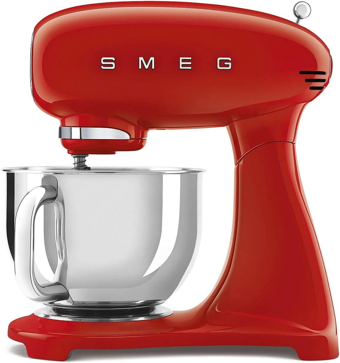 Smeg modèle SMF05RDEU, puissance 800 W, 3 fouets et crochet pétreur, bloc moteur, rouge, bol de 4,8 L, 10 niveaux de vitesse, fonction lisse et mix