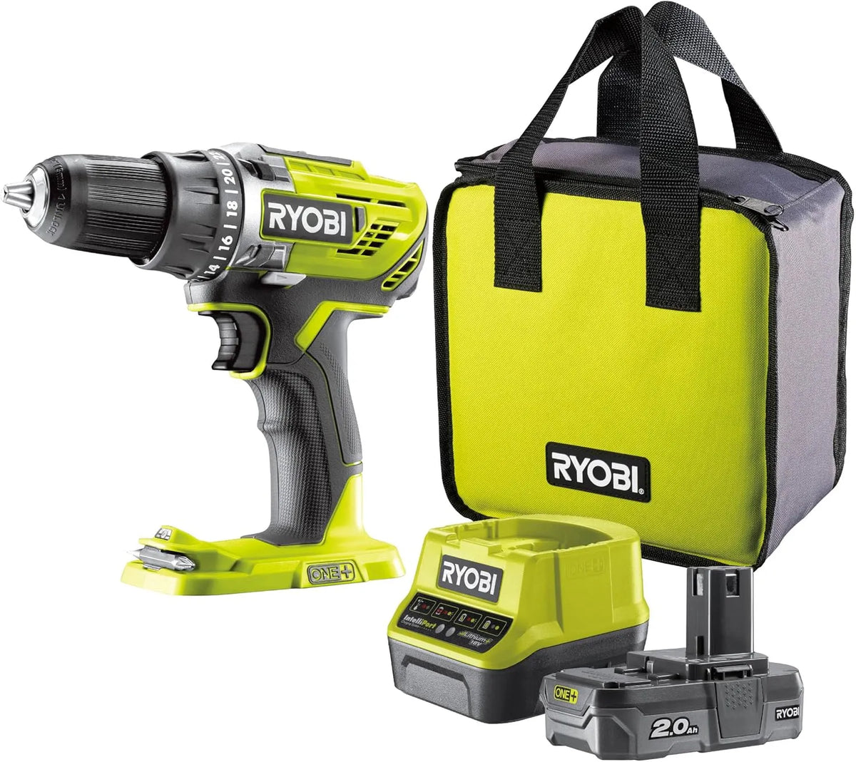 Ryobi perceuse, visseuse sans fil 18V, 500-1 800 tr/min, Livrée en sac de transport, mandrin 13 mm, 50 Nm, 1 batterie lithium+ 2,0 Ah