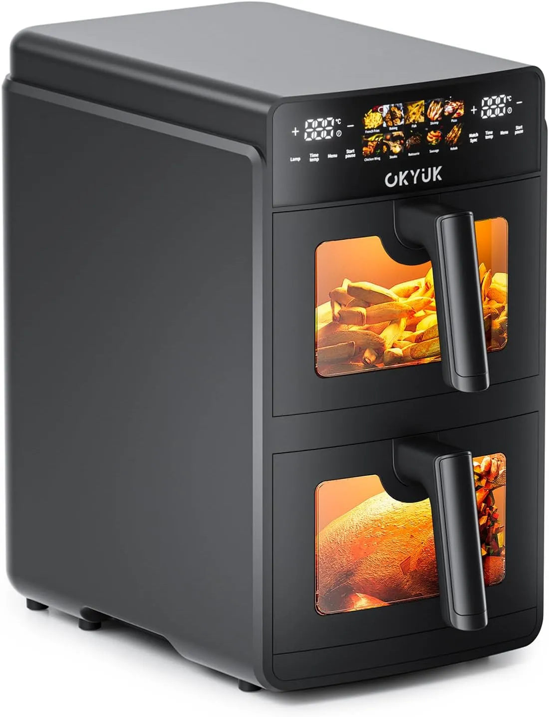 Friteuse à air chaud, Air Fryer 2 Compartiments 10L, Friteuses Double 10 Programmes Prédéfinis, sans Huile Airfryer avec Fenêtre de Visualisation
