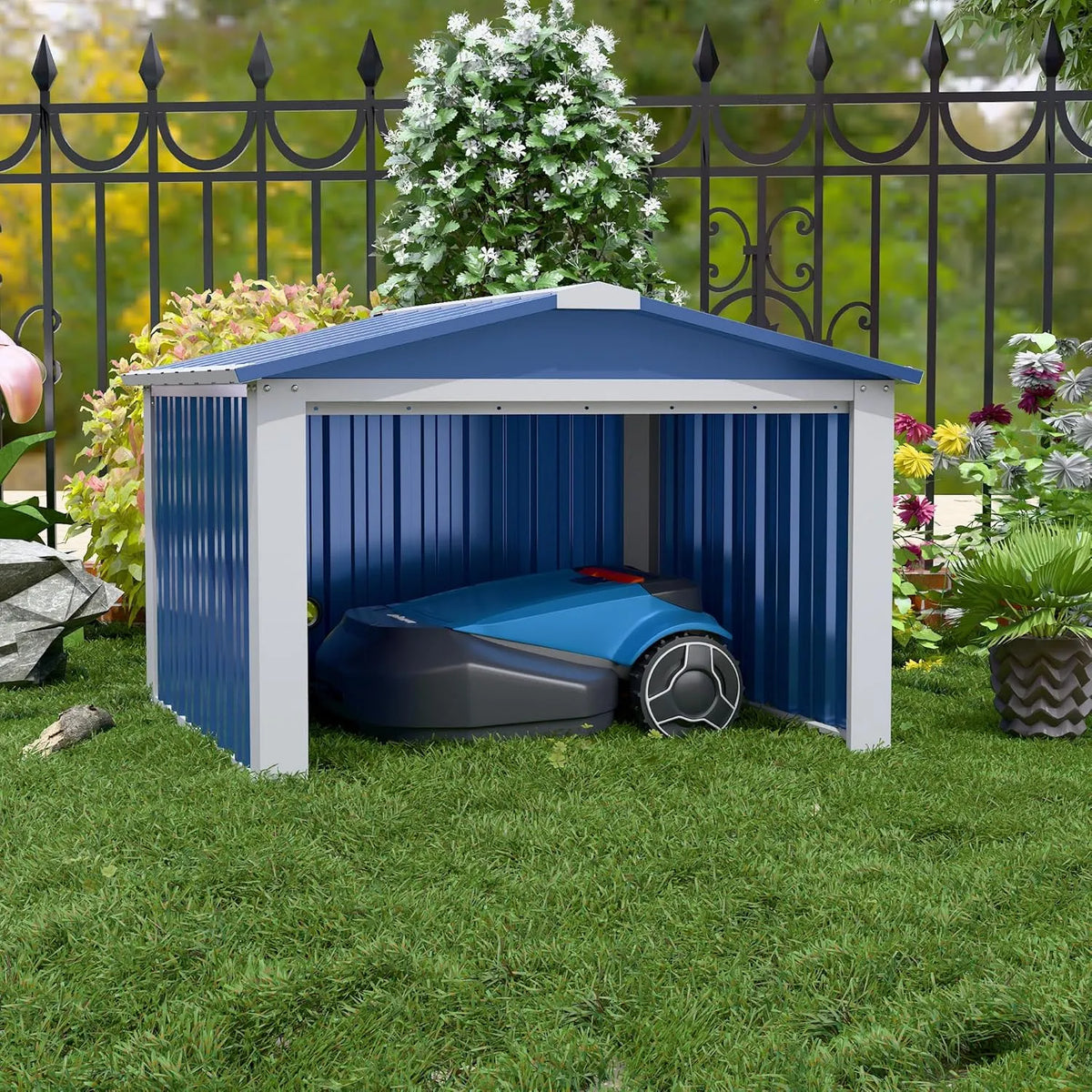 Tondeuse, H 62 cm x L 90,5 cm x P 88,8 cm, SUPEER Garage en Métal pour Robot avec Toit à Pignon, Abri de Jardin pour Tondeuses à Gazon