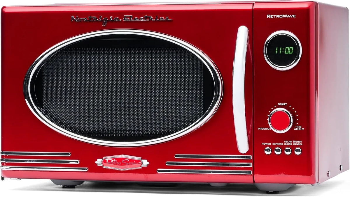Four à micro-ondes Nostalgia, Grand 800 Watts, de Comptoir Rétro, Appareils de Cuisine, capacité 25,4 L, 12 Réglages de Cuisson Préréglés, Rouge