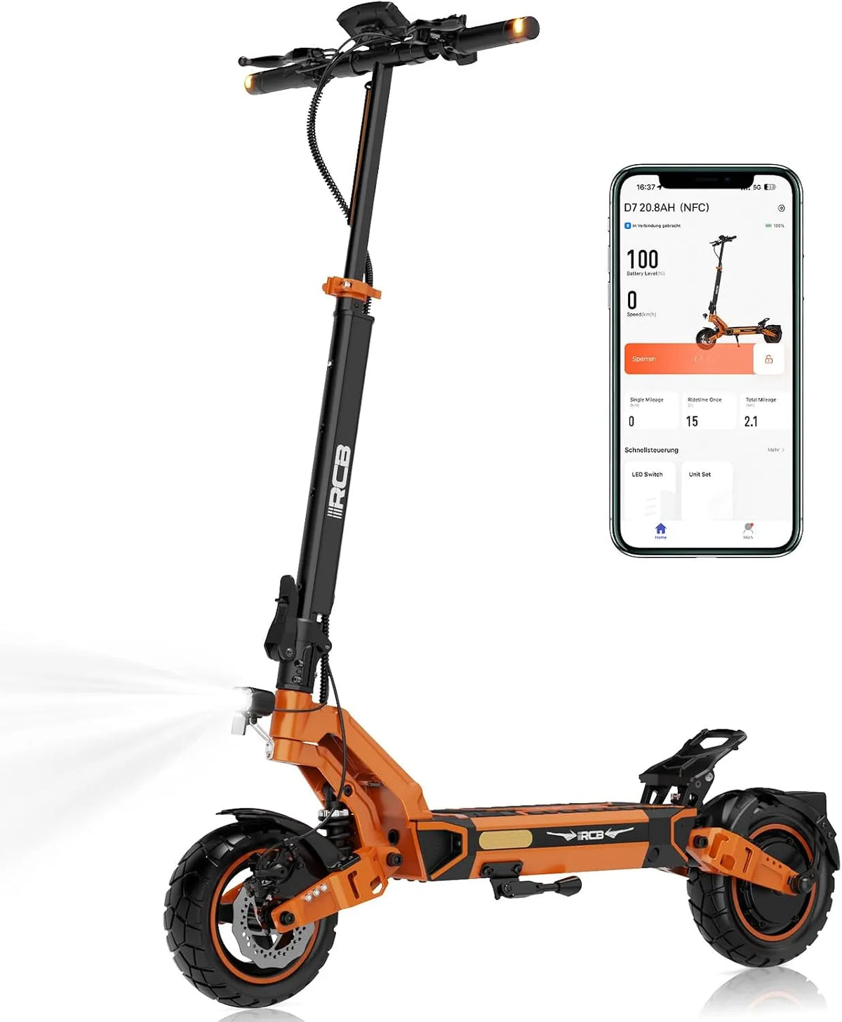 Trottinette électrique 20.8Ah/27AH 80-110KM, RCB D7 Adulte, Motor 500W, 27AH Batterie, Pneus Antidéflagrant 10', Jusqu'à 25 km/h, Autonomie, APP