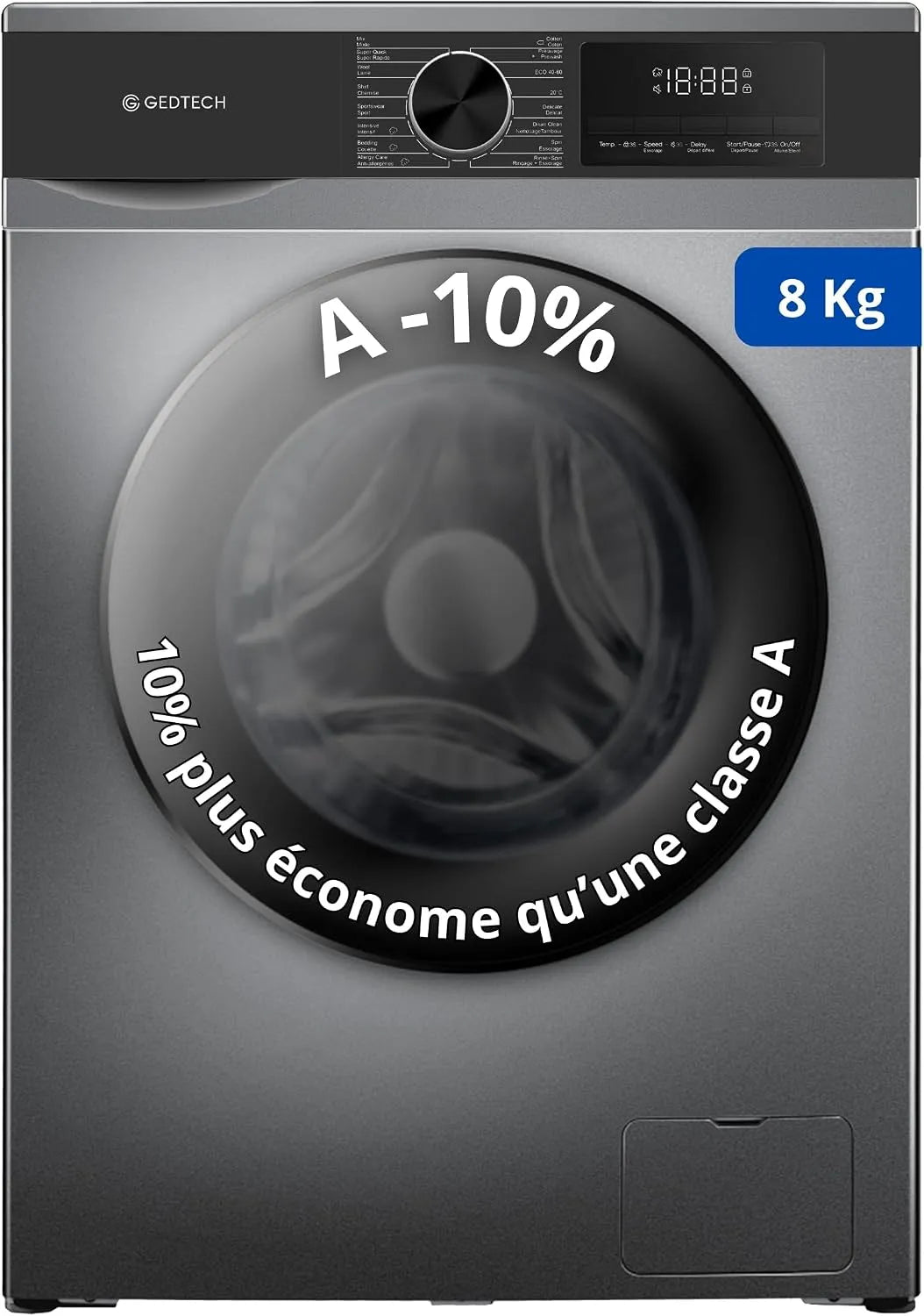 Lave-linge GLL81400BL A-10, 8 Kgs, frontal GEDTECH, Eco, Rapide, Classe %, 16 programmes, 1400 tr, mn
