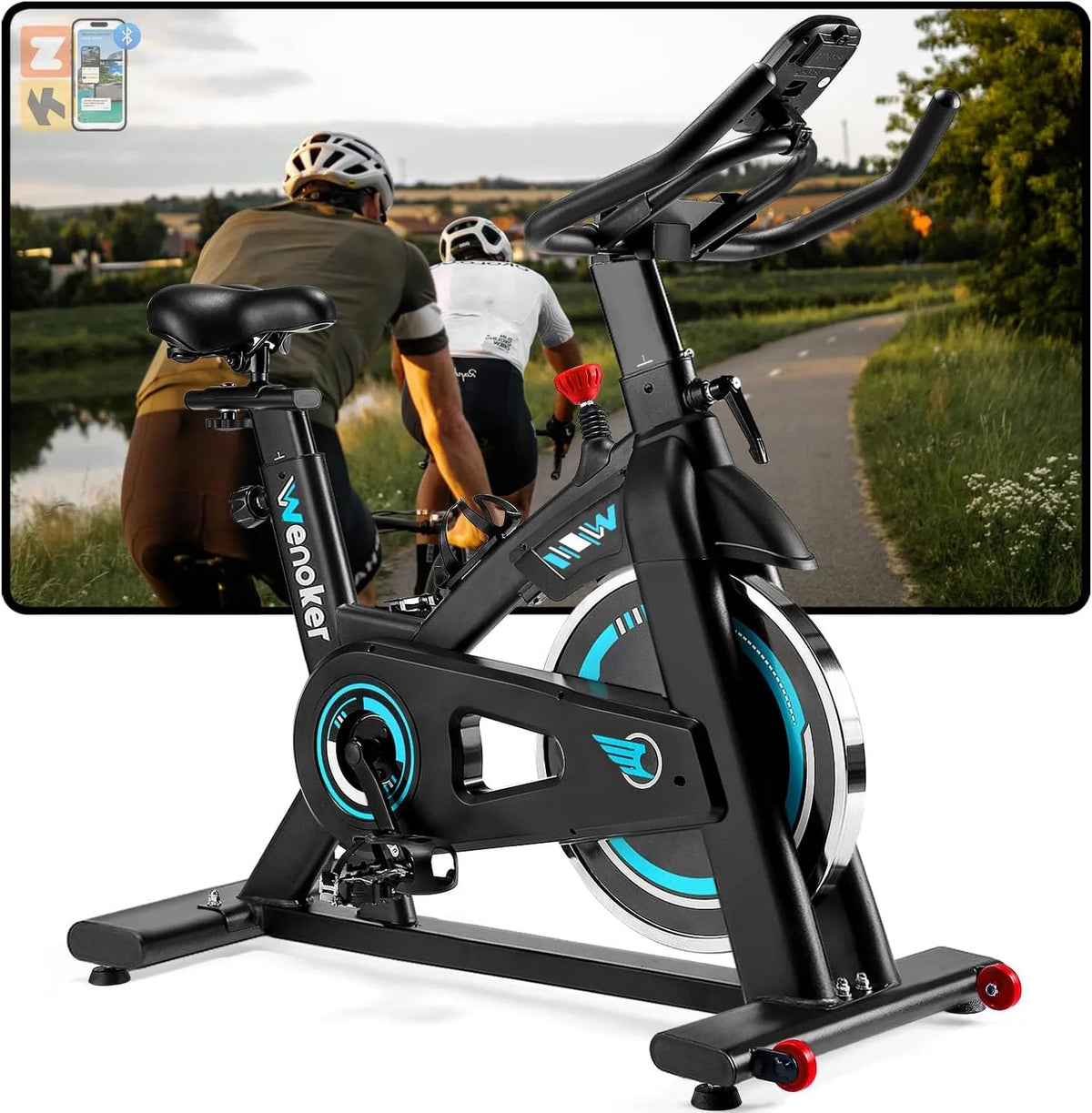 Vélo WENOKER, Capacité de Charge de 140 kg, D'appartement，Vélos D'appartement Connecté à une Application，Avec écran LCD, Résistance Réglable