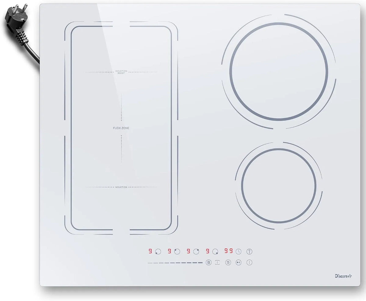 Plaque de cuisson, de Cuisson Induction Encastrable 4 Feux Fiche avec prise, Electrique 60cm 3500W, 9 Niveaux, Fonction Boost et Isolation, Minuterie