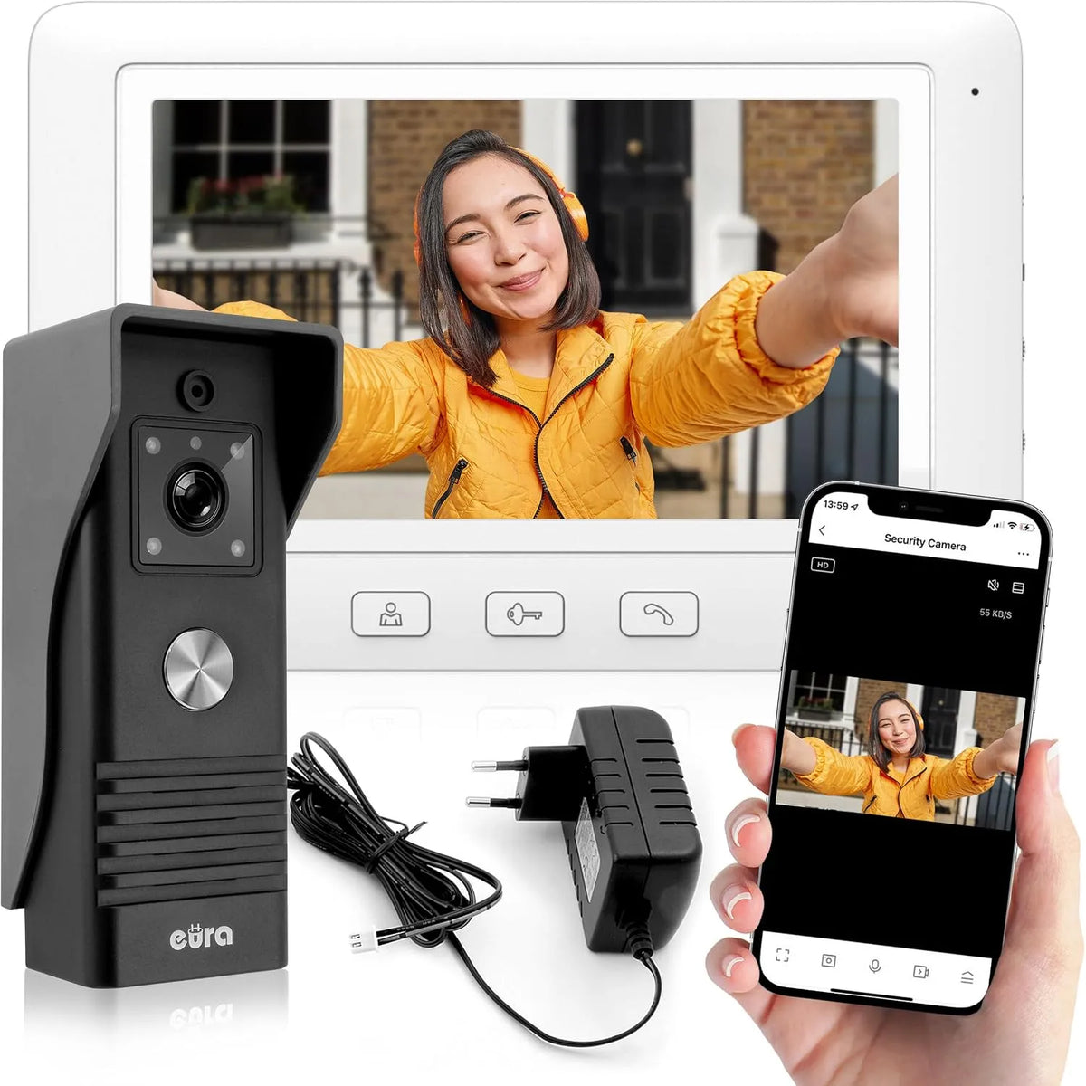 Modèle Interphone vidéo Alpha+ TUYA WiFi VDP-45A3-TY Eura, 4 Fils, Moniteur Couleur 7 Pouces, finition blanche