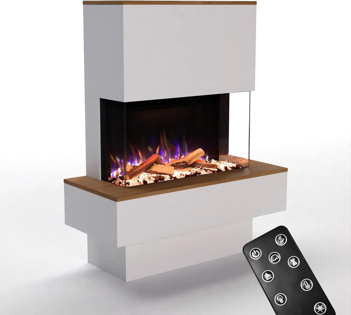 Cheminée électrique PR18, sur Pied avec Chauffage, Max. 1500 W, GLOW FIRE Poêle à cheminée avec feu LED E-Motion 3D réaliste, minuterie, Chêne