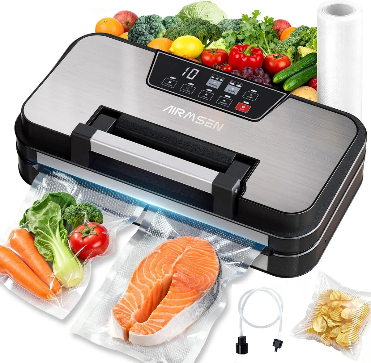 KPa Machine sous vide avec fonction gonflage AIRMSEN 95, conserve les aliments jusqu'à 8× plus longtemps, modes Sec, coupe-sac intégré, Humide