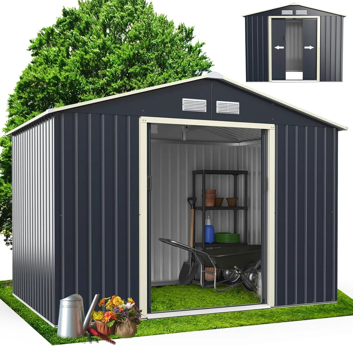 Abri de jardin RELAX4LIFE 5m2, Métal avec Porte Coulissante Toit en Pente