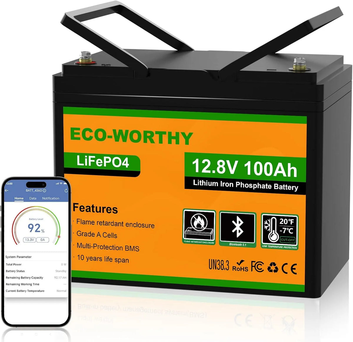 Lithium 100AH Bluetooth modèle LiFePO4 ECO-WORTHY Batterie, 1280Wh Énergie, BMS Intelligent, Camping-Car, pêche à la Ligne, pour caravanes