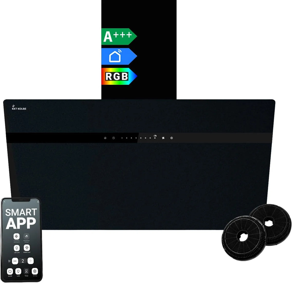 Hotte aspirante STYLE8005SMAO, Inclinées, WiFi, éclairage LED RVB, verre finition noire, cuisine 80 cm, acier inoxydable, arrête automatiquement