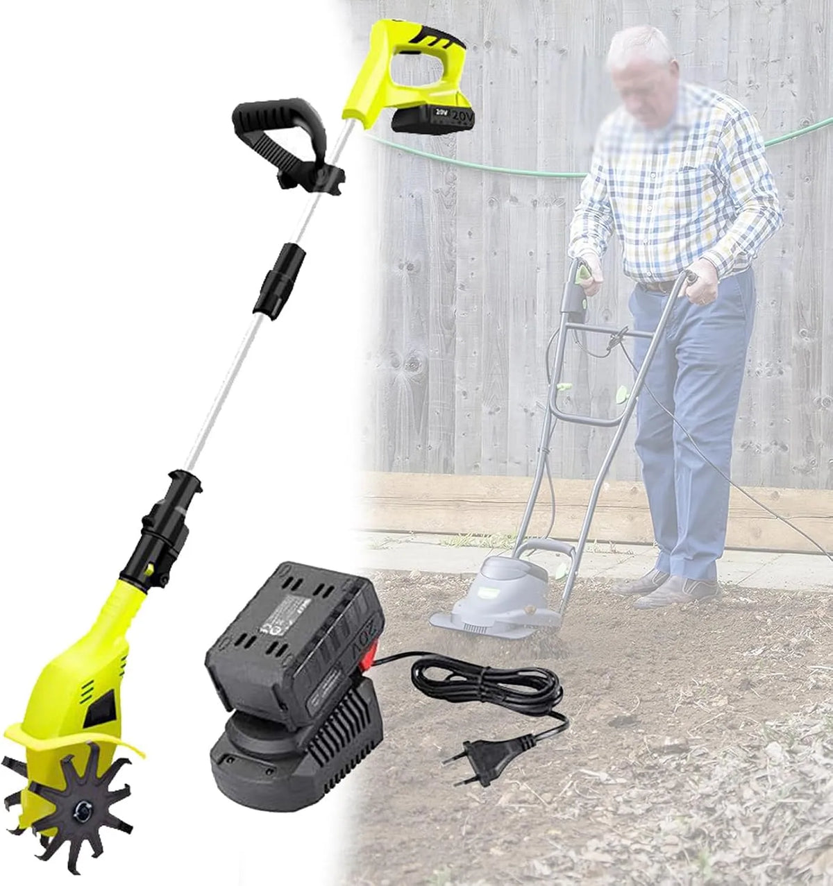 Motobineuse, Cultivateur électrique avec 2 Lames, Largeur de Labour 10,5 cm, Profondeur de Travail 25 cm, au format au format portable pour Jardins
