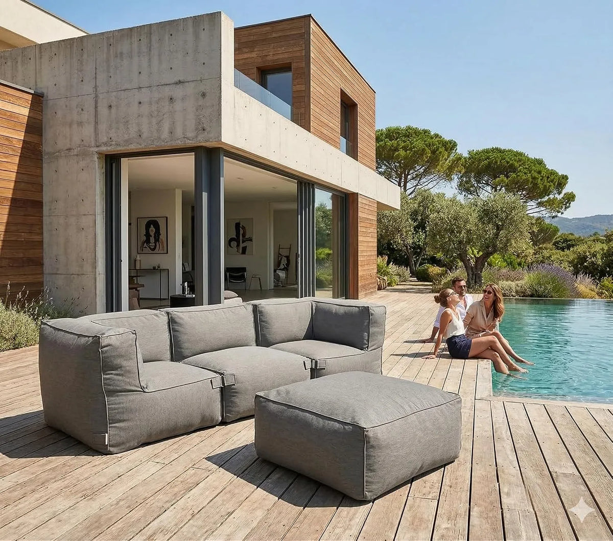 Salon de Jardin Modulable 3/4 Places PRAIANO CONCEPT USINE, Ensemble Lounge Extérieur en Mousse Souple, finition grise