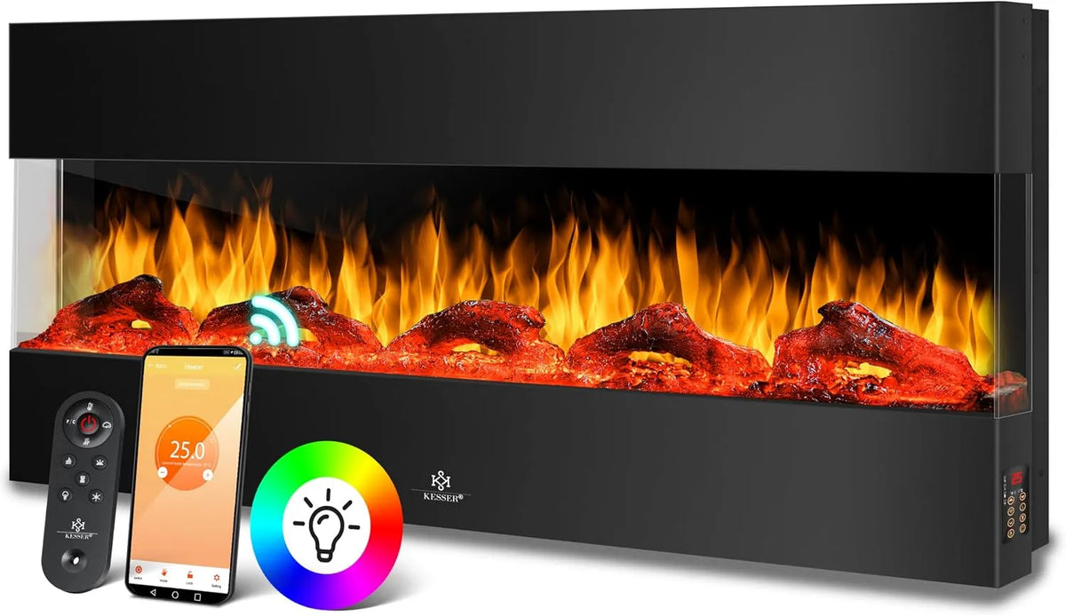 Kesser Cheminée Murale, avec Chauffage 9 Modes de Couleur Effet de Flamme LED, largeur 138 cm, Electrique 3D, finition noire