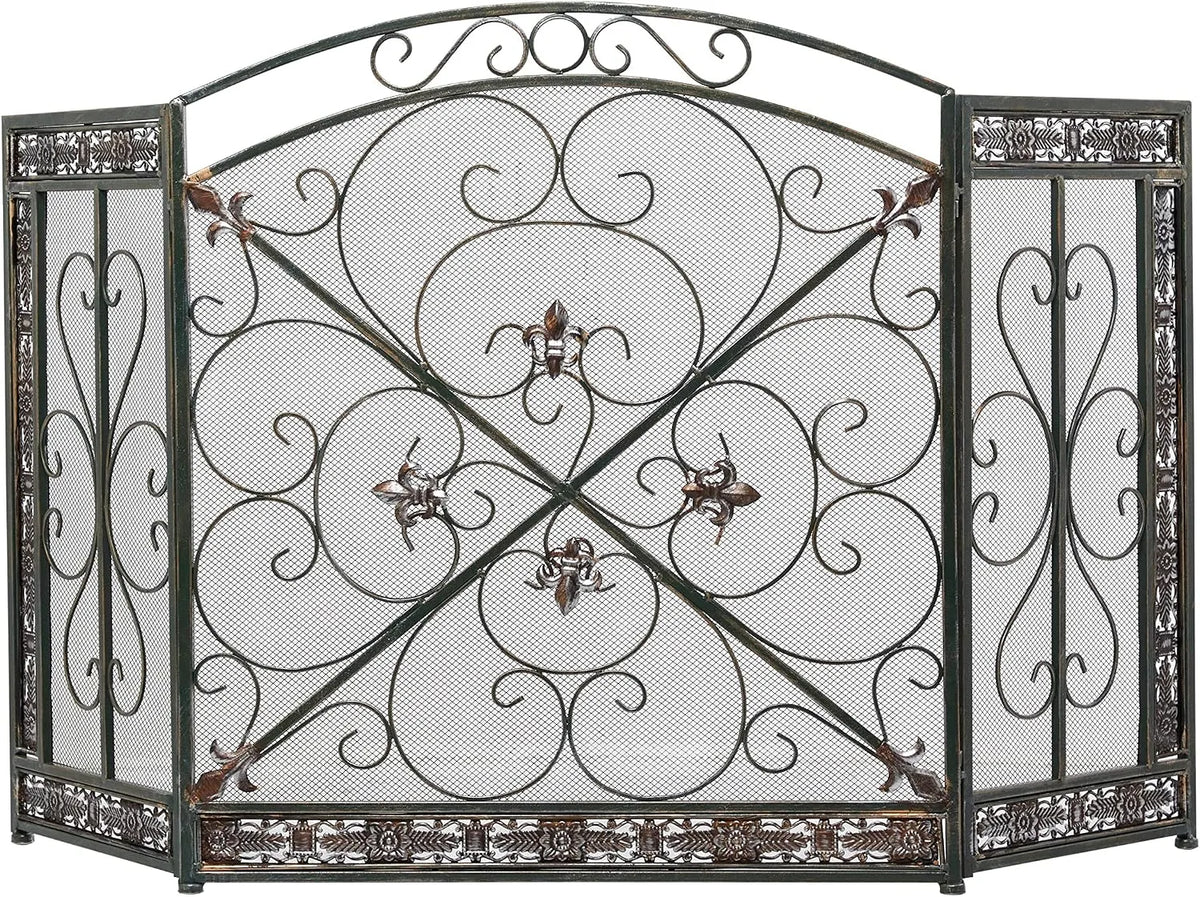 Deco 79 Filet de cheminée Pliable en métal à 3 Panneaux, dimensions 132,1 x 2,5 x 78,7 cm, avec Motifs de Fleurs de lys et de volutes, finition noire