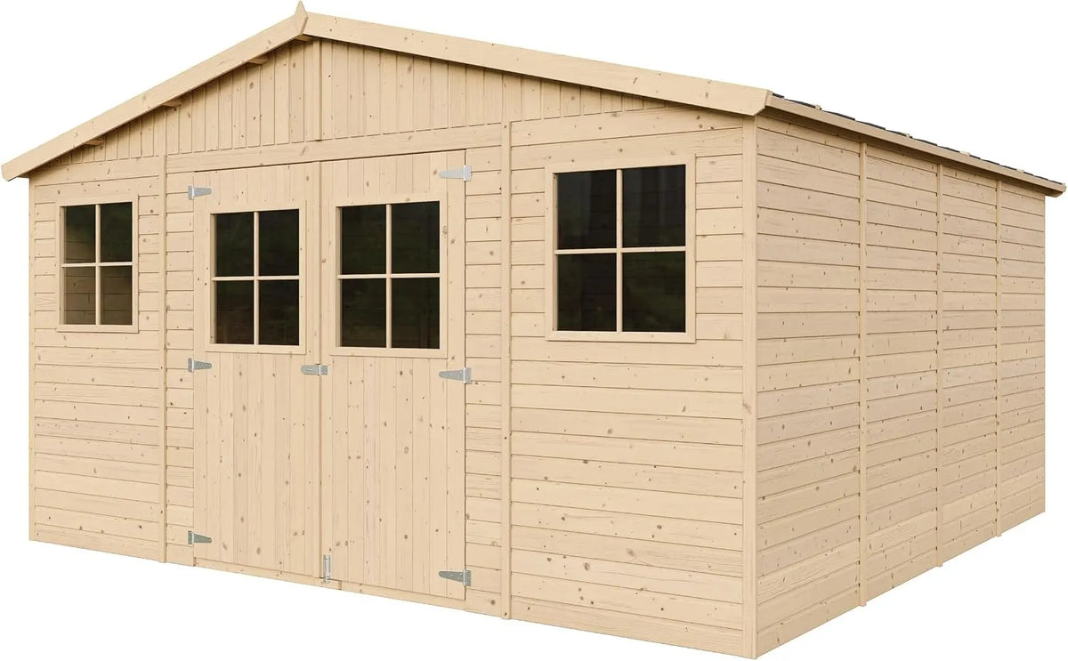 Abri de jardin H246 M330+M330G, en Bois Exterieur avec Plancher IMPRÉGNÉ, Rangement pour vélos, Remise à Outils- TIMBELA, épicéa- x 418 x 420 cm