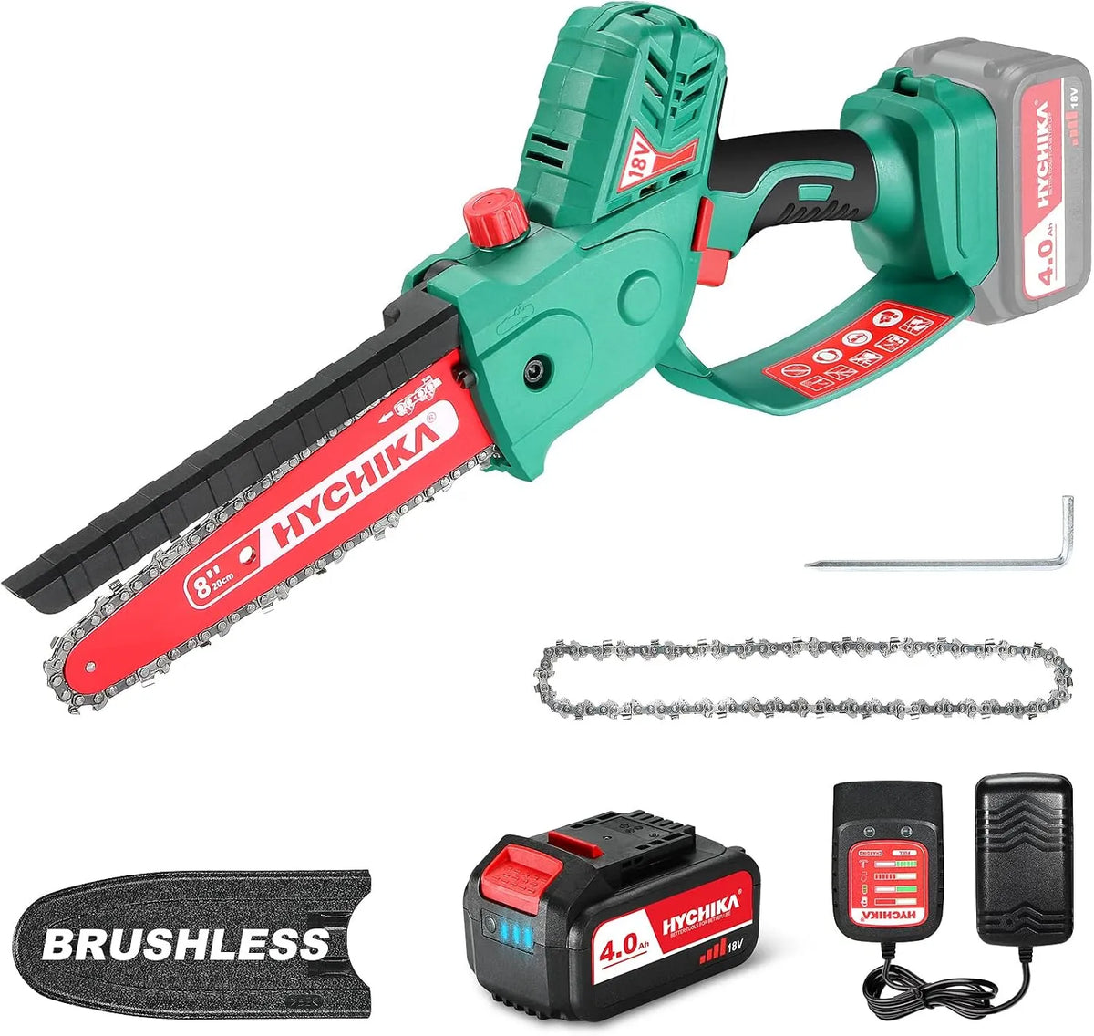 Tronconneuse A Batterie 18V HYCHIKA Mini, 20 cm Tronconneuse Electrique Sans Fil, pour la Coupe de Bois, Graissage Automatique Chaîne