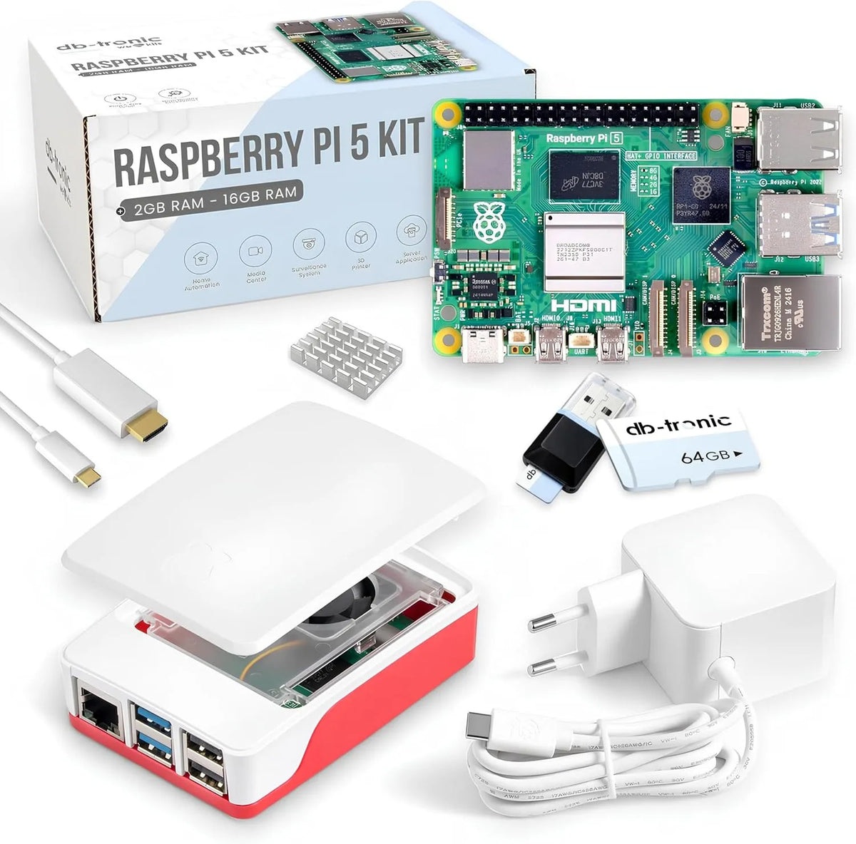Ventilateur, Alimentation 27 W, Micro HDMI 4K, Boîtier avec, db-tronic Raspberry Pi 5 2 Go Starter Kit, Édition 64 Go, Dissipateur