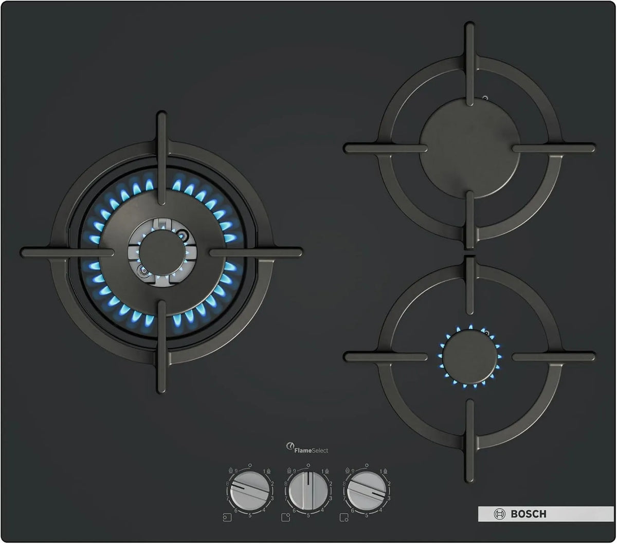 Bosch plaque de cuisson PPC6A6I10, FlameSelect, série 6, 3 zones de cuisson, à gaz, finition noire, GasStop