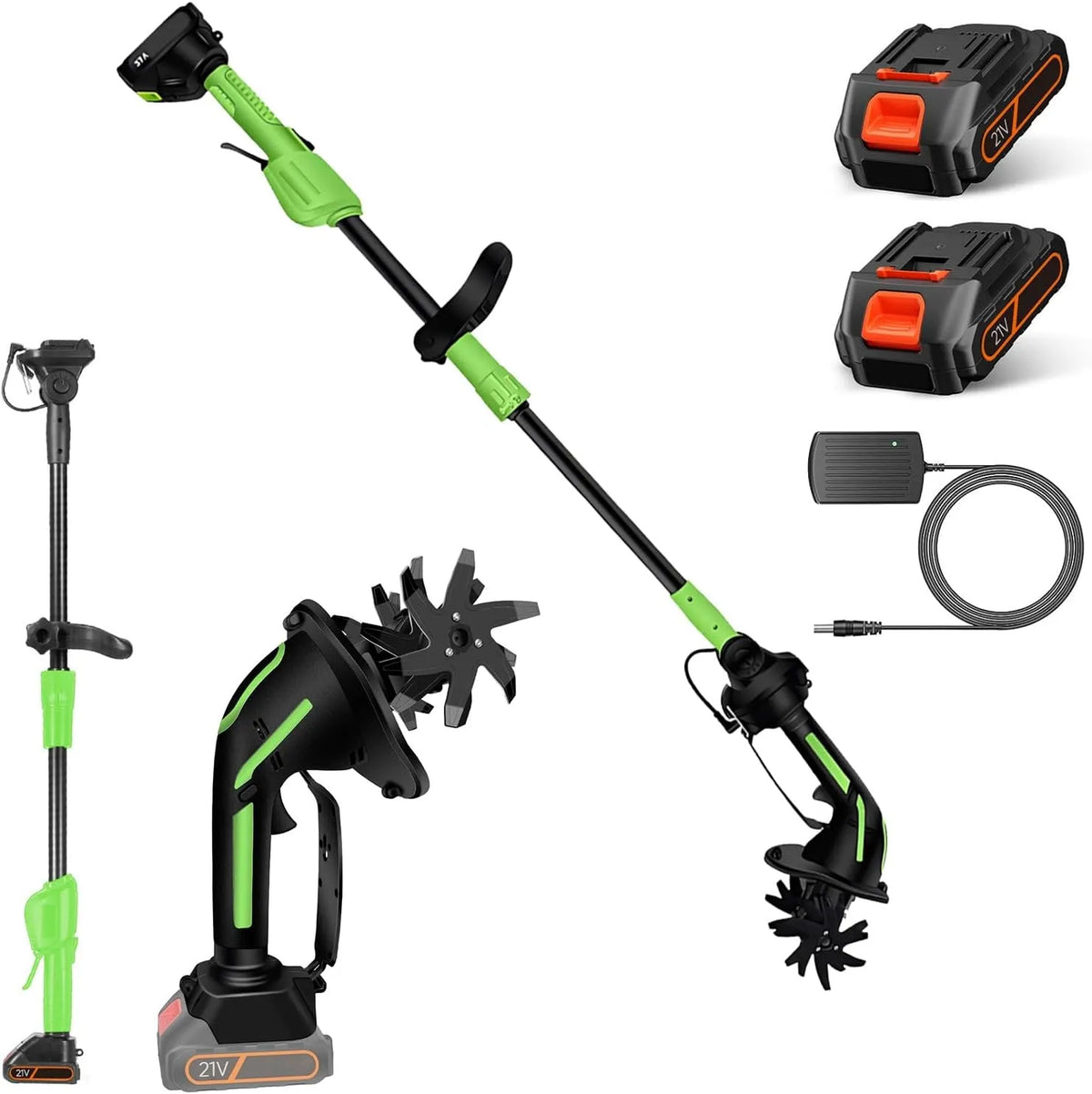 Motobineuse, sans Fil,21V Electrique, Profondeur De Travail 10/10 Cm, Manche de 1,3m, 2 Batterie, Champ LéGumes, Largeur, pour Jardin, Serre