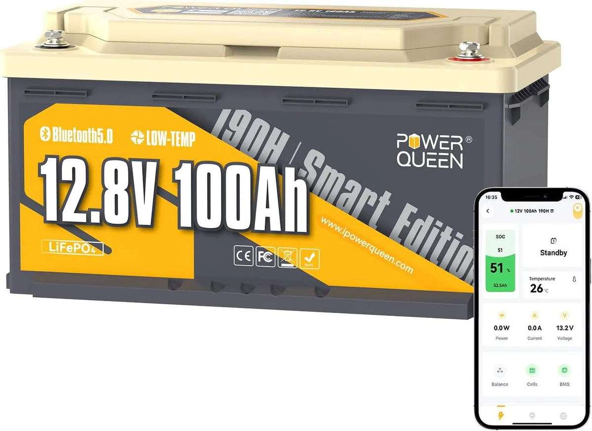 Bluetooth Batterie Lithium 12V 100Ah Batterie avec Protection Low-Temp LiFePO4 15000 Power Queen, Smart 100A Cycles pour Caravane Bateau Solaire