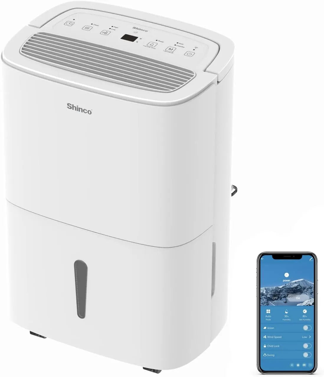 Déshumidificateur 24h SHINCO WIFI, Jour avec Pompe de Relevage, Fonction Sèche-Linge, Minuterie, finition blanche, Portable 50L, Purificateur d'air