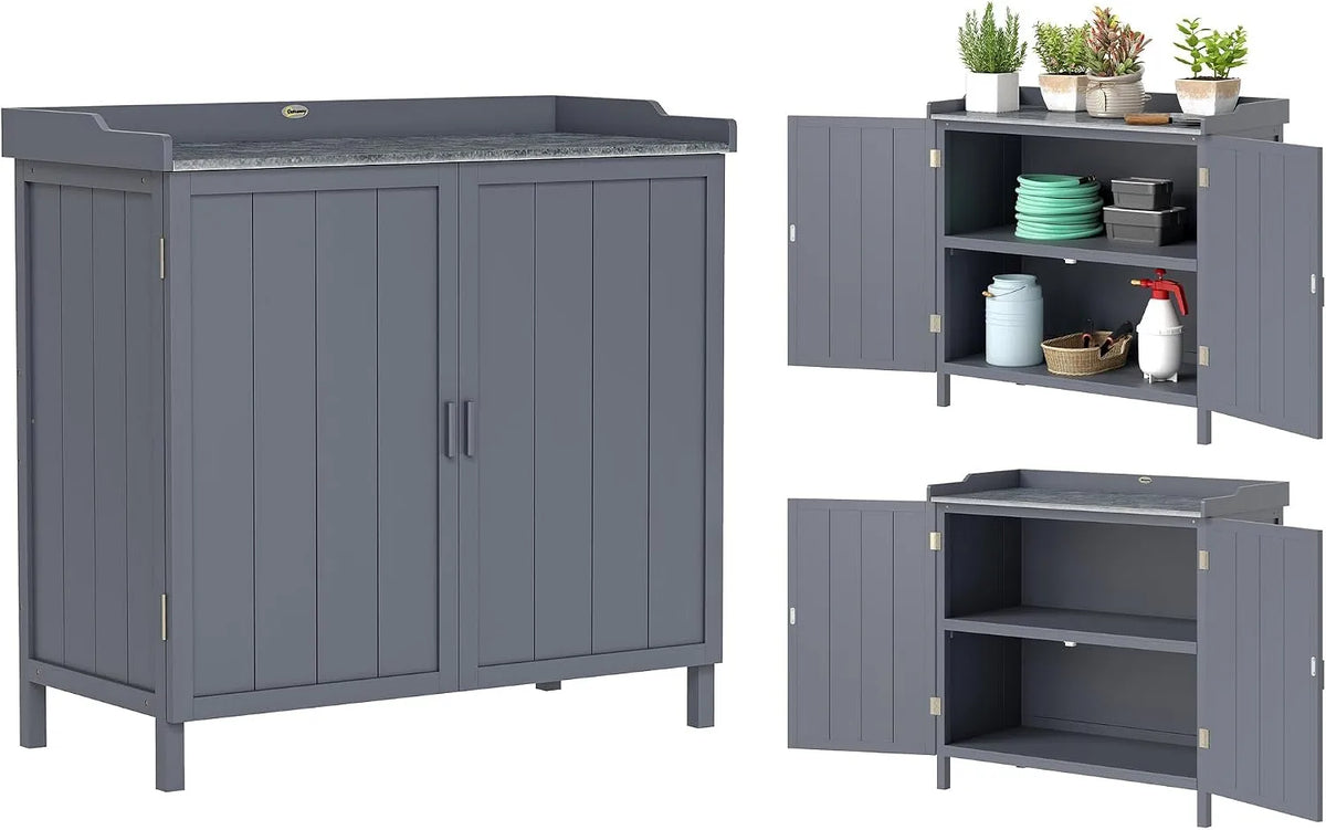 Armoire Outsunny, Table de rempotage 2 en 1 à Double Porte, de Rangement de Jardin autoportante, étagères, Plateau en métal galvanisé, finition grise