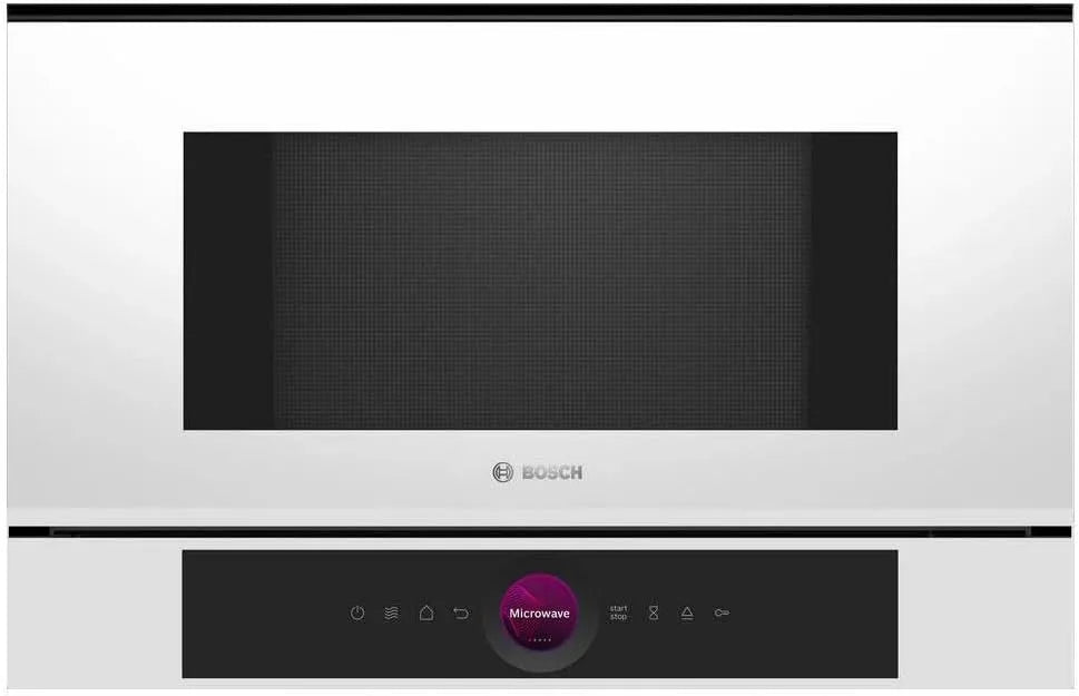 Bosch four à micro-ondes BFL7221W1, Série 8, intégrable, dimensions 59 x 38 cm, capacité 21 Litres, finition blanche