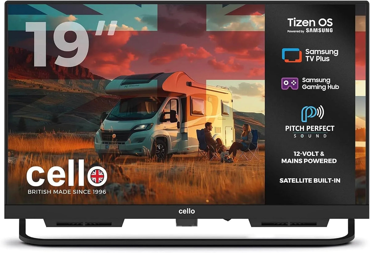 Samsung Smart TV CTRAV-19TZ, Tizen OS de, Haut-parleurs Pitch Perfect, Triple Tuner, Cello 19' 12V pour Camping-Car et Camping, Gaming Hub, Bluetooth