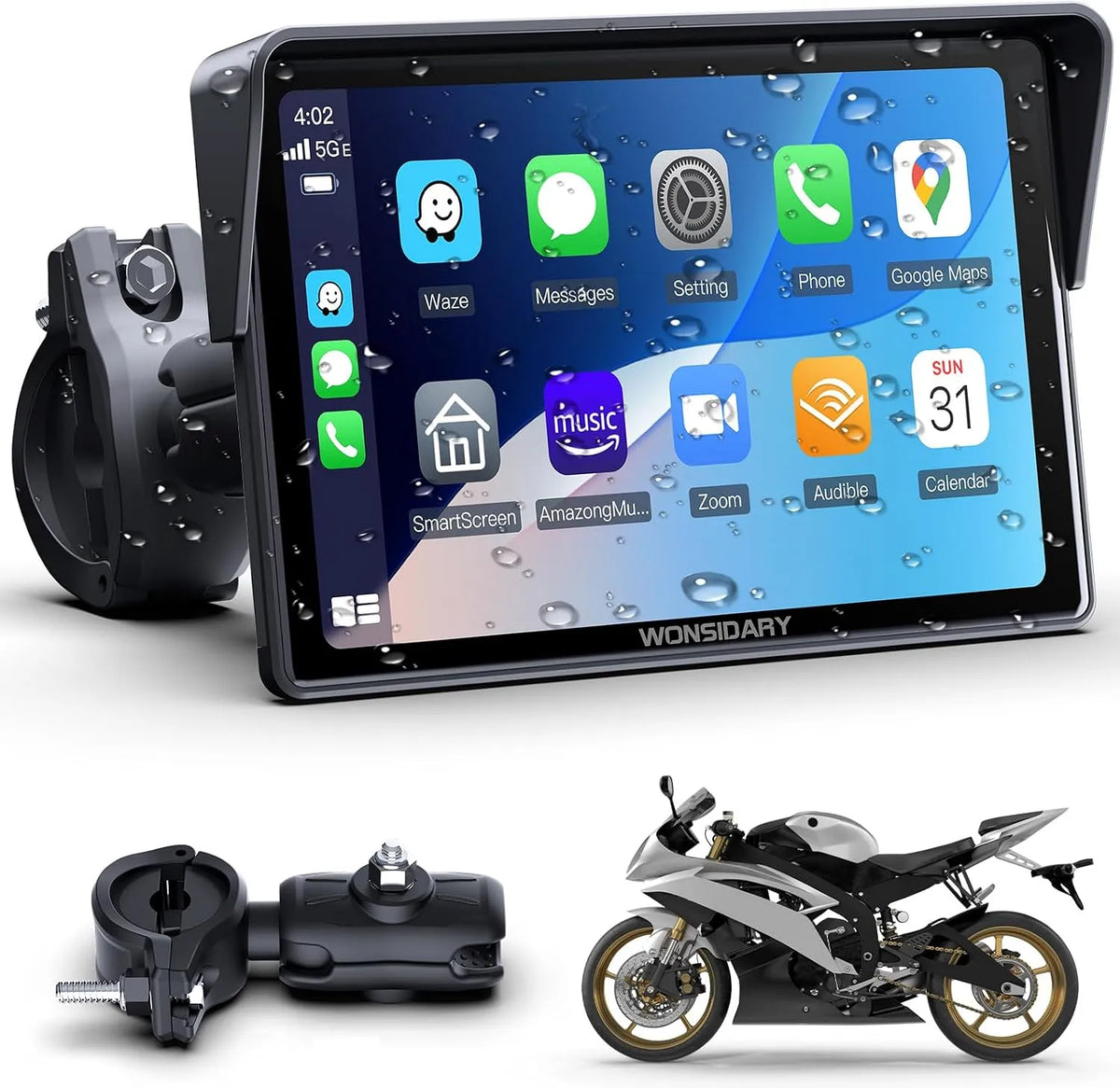 Apple, sans Fil Compatible, Navigation GPS, Égaliseur, ACC, avec CarPlay & Android Auto,5 Pouces Écran Tactile Moto Étanche, avec Double Bluetooth