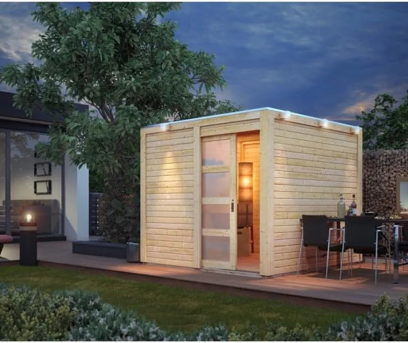 Abri de jardin, Bois Massif Qubic 6,05m², Karibu, Toit Plat, Porte Coulissante, Fenêtre Plexi, Marron, Embase Autoclave Incluse