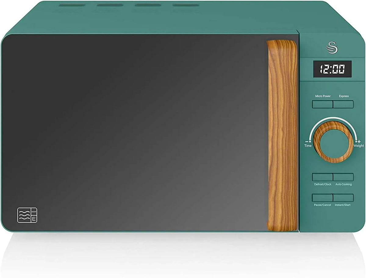 Four à micro-ondes Swan Nordic, numérique 20 L, 800 W de puissance, 6 niveaux de fonctionnement, minuterie 30 min, mode dégivrage, poignée effet bois