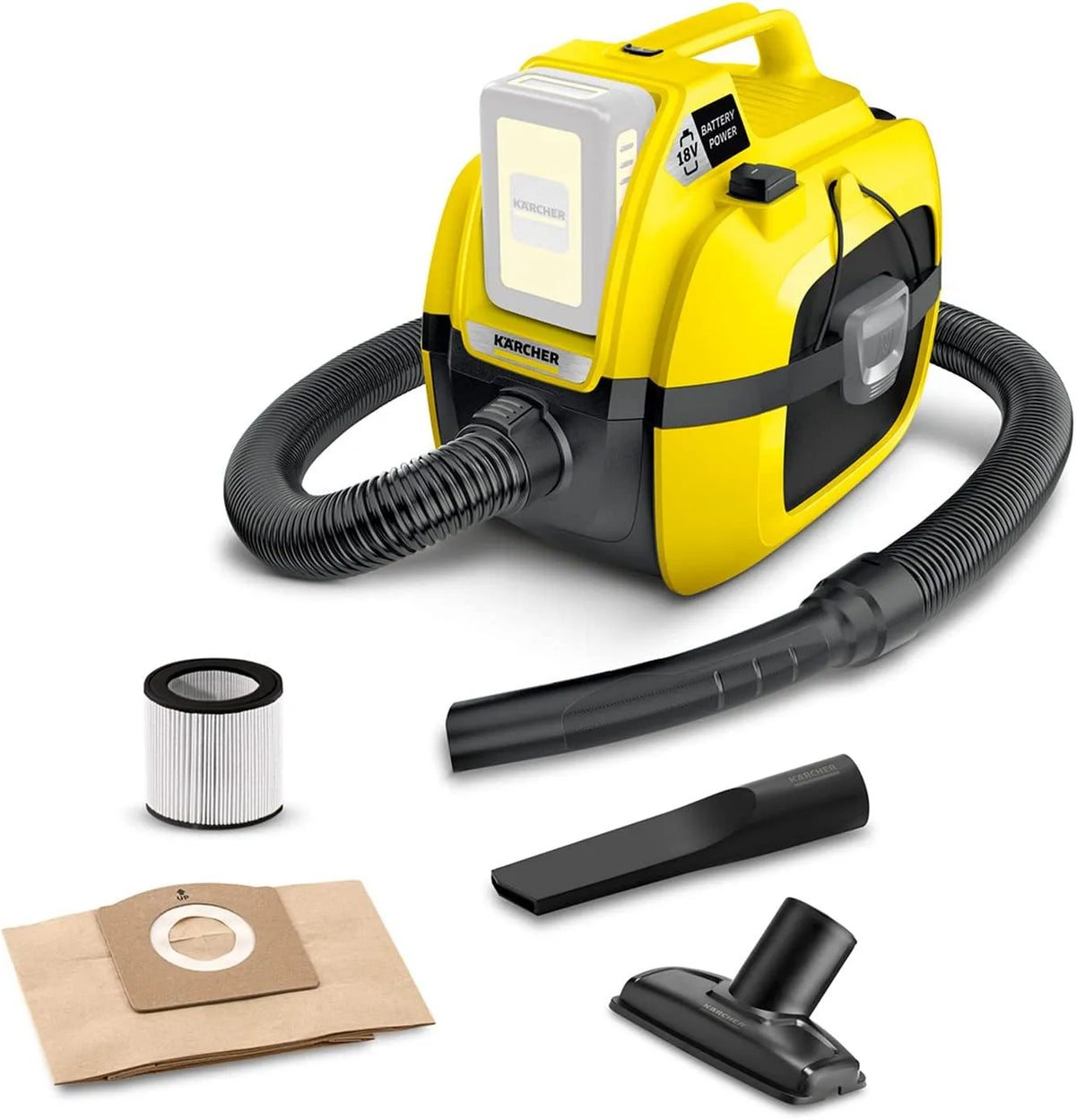 Kärcher aspirateur, Taille Cuve: 7 l, Flexible: 1,20 m, Eau et Poussière, tension 18 V Multifonction sans Fil WD 1 Compact, Puissance: 230 W