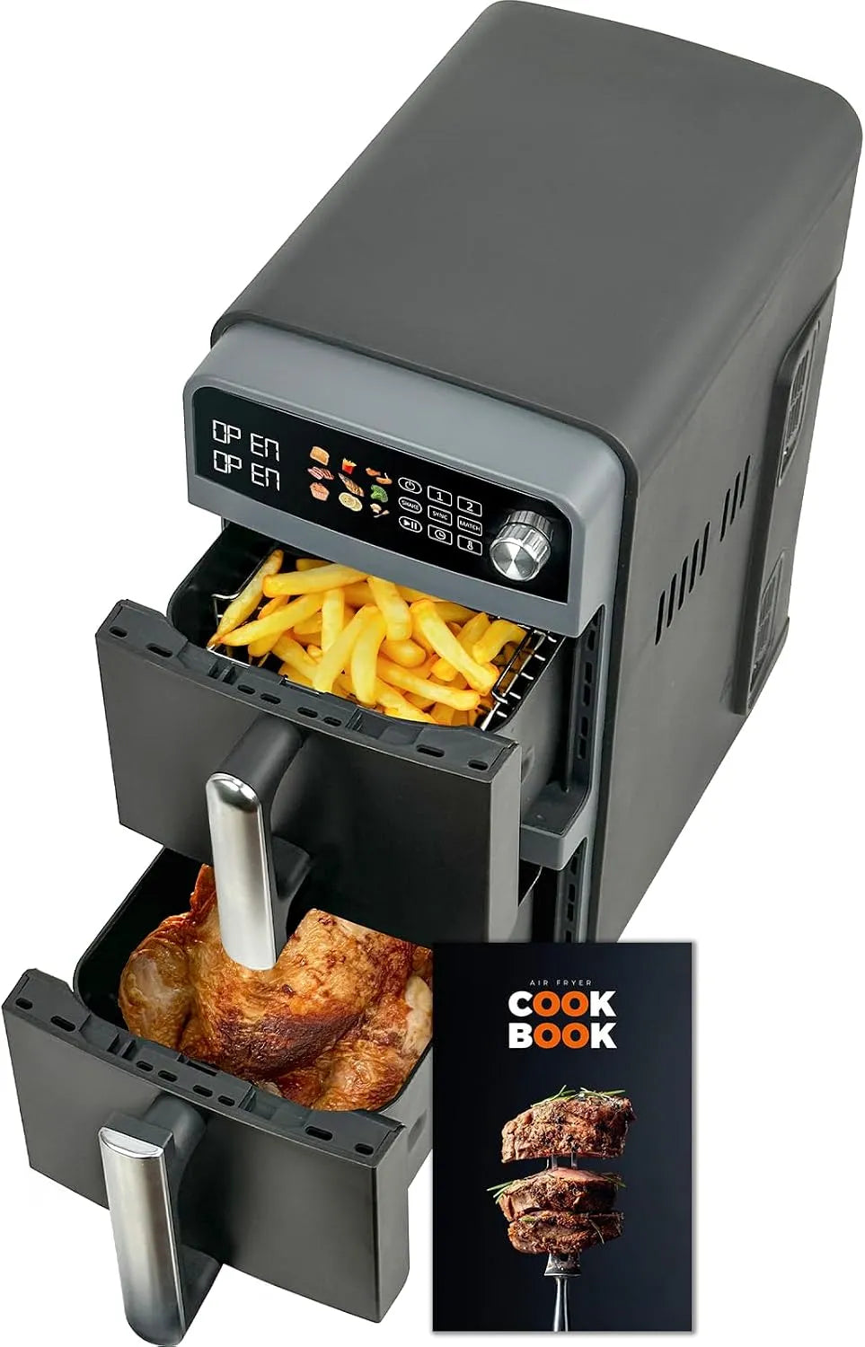 Friteuse sans Huile Double Stack XL, Air Fryer 2 Compartiments 2400W avec Alerte Vibration, 4 Niveaux & Sync&Match, Design Compact Gain de Place